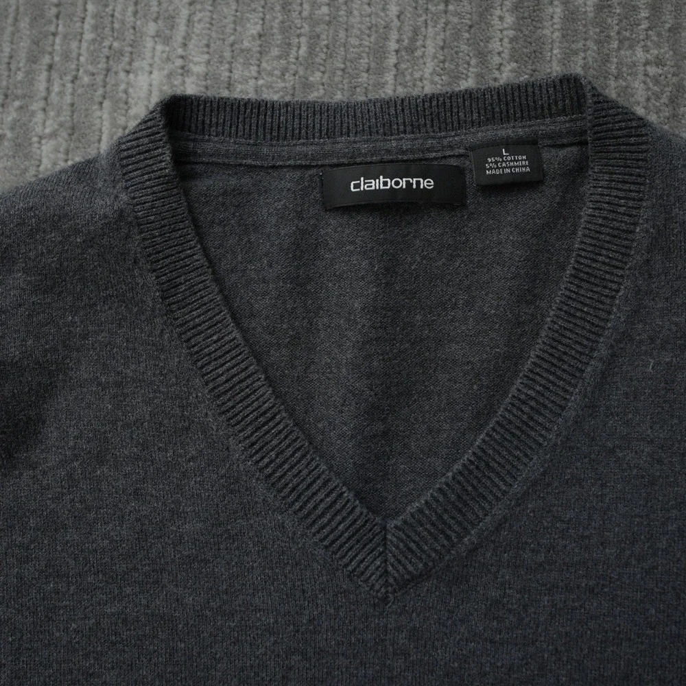 Claiborne Sweater Men V Neck Cashmere Cotton‎ Gray Long Sleeve Solid Large